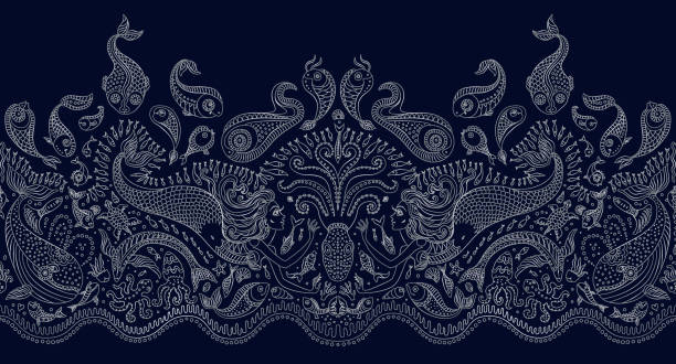 ilustrações, clipart, desenhos animados e ícones de padrão sem emenda do vetor. fantasia de sereia, polvo, peixe, mar animais prata contorno fina linha de desenho com ornamentos em um fundo azul escuro. fronteira do bordado, papel de parede, têxtil, impressão, papel de embrulho - animal scale fish silver backgrounds