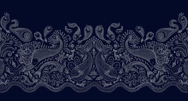 pola mulus vektor. putri duyung fantasi, gurita, ikan, hewan laut kontur perak garis tipis menggambar dengan ornamen pada latar belakang biru tua. perbatasan bordir, kertas dinding, cetak tekstil, kertas pembungkus - batik ilustrasi stok