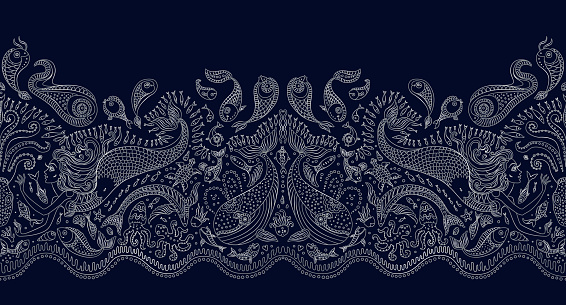 Vector seamless pattern. Fantasy mermaid, octopus, fish, sea animals silver contour thin line drawing with ornaments on a dark blue background. Embroidery border, wallpaper, textile print, wrapping paper