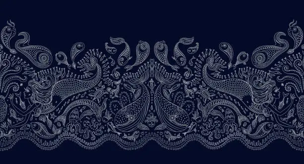 Vector illustration of Vector seamless pattern. Fantasy mermaid, octopus, fish, sea animals silver contour thin line drawing with ornaments on a dark blue background. Embroidery border, wallpaper, textile print, wrapping paper