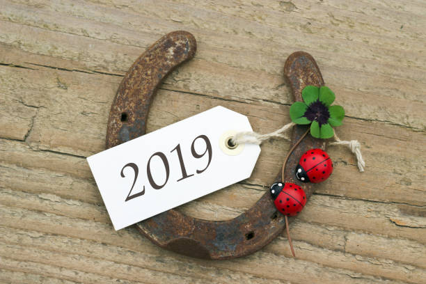 New Year`s Card with horseshoe, Leafed clover and ladybugs on wooden background