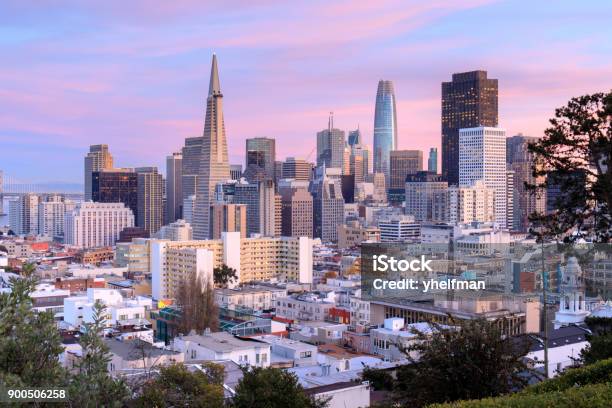 San Francisco Skyline In Pink And Blue Skies Stock Photo - Download Image Now - San Francisco - California, Urban Skyline, Downtown District