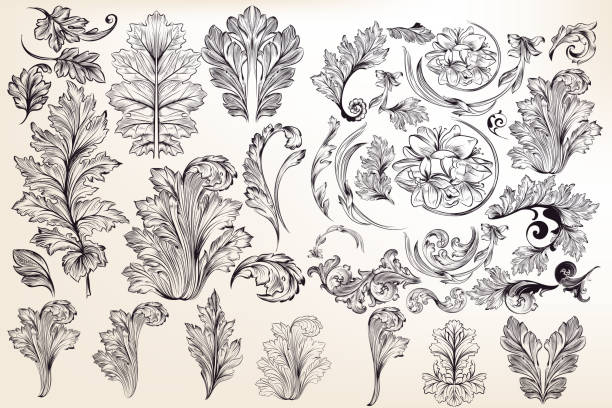 illustrations, cliparts, dessins animés et icônes de collection d’éléments floraux décoratifs de vecteur dans le style vintage - rococo style