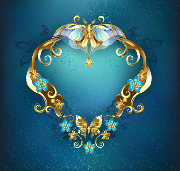 Banner with gold butterflies patterned banner, decorated with gold and gold flowers and butterflies on a blue background. name plate designs drawing stock illustrations