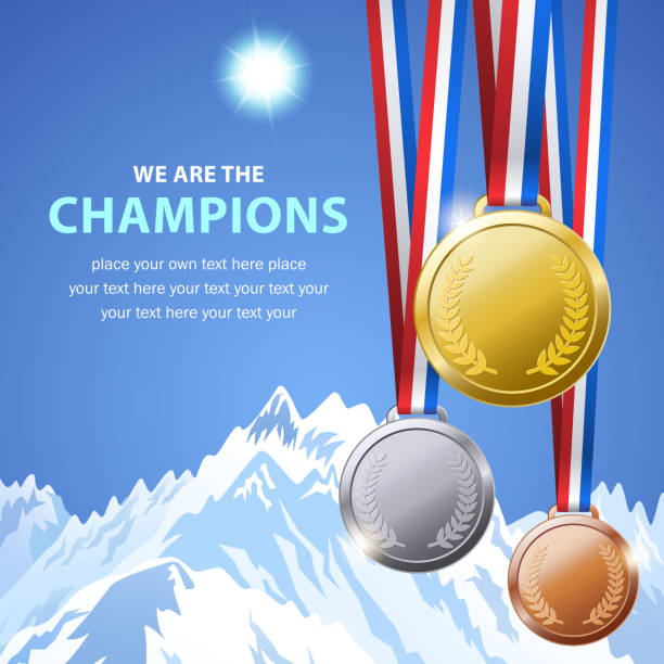 Winter Champion Medals Champion medals for the winter outdoor competition with the ice mountain background international multi sport event stock illustrations