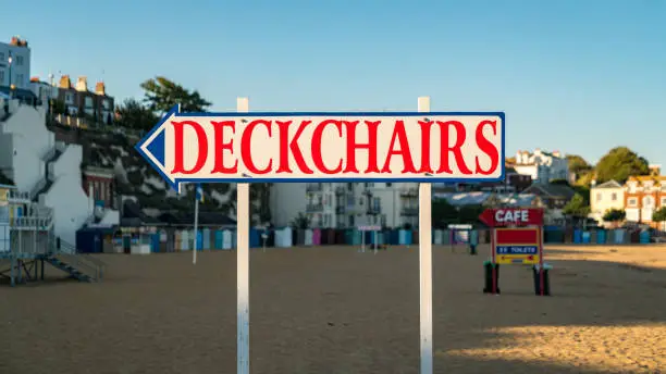 Sign: Deckchairs at Viking Bay in Broadstairs, Kent, England, UK