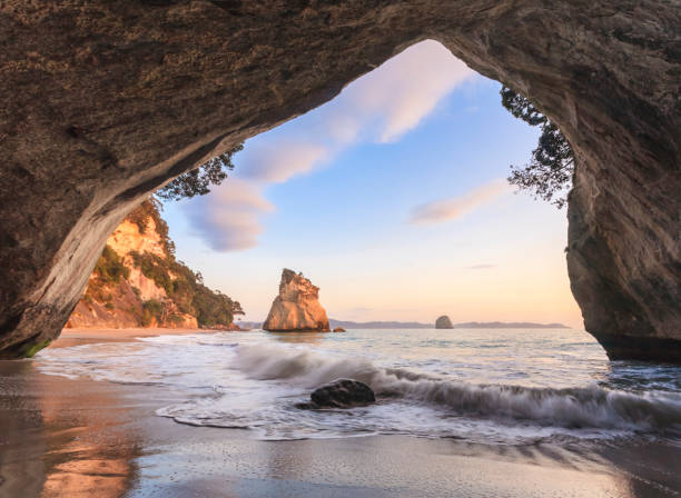 nueva zelanda catedral cove - new zealand cathedral cove sea sand fotografías e imágenes de stock