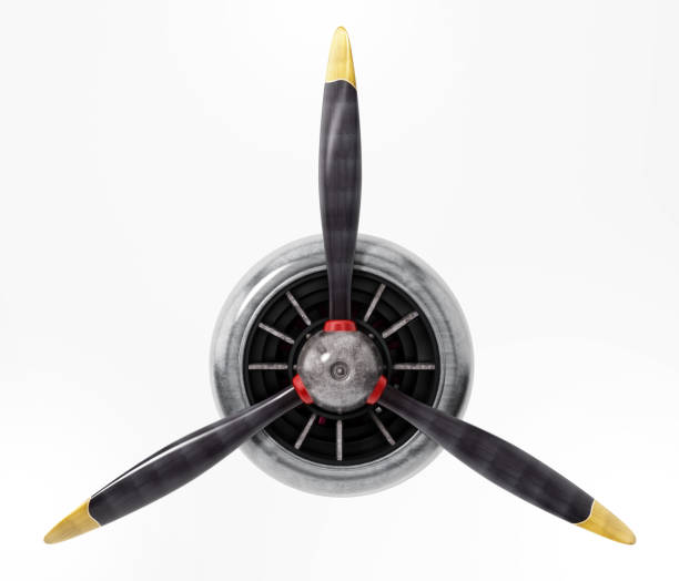 Propeller engine of vintage airplane isolated on white.
