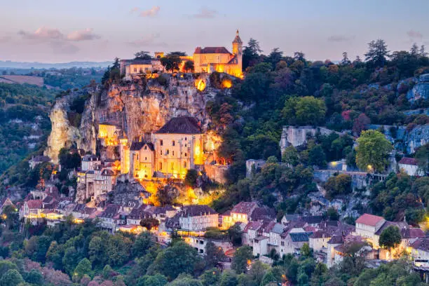 Twilight at the medieval town of Rocamadour, in the Dordogne Valley, Midi-Pyrenees, France.