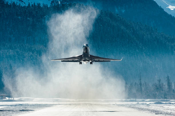 Corporate jet take-off with full power head on