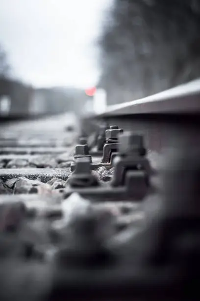 Railroad tracks in closeup in black and white