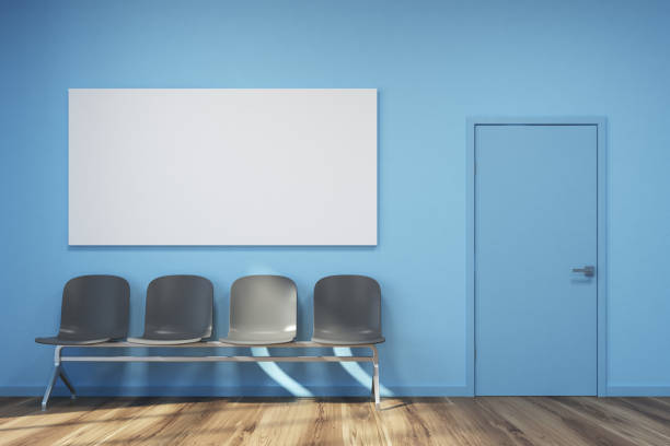 istock Blue waiting room, gray chairs, poster 900569322