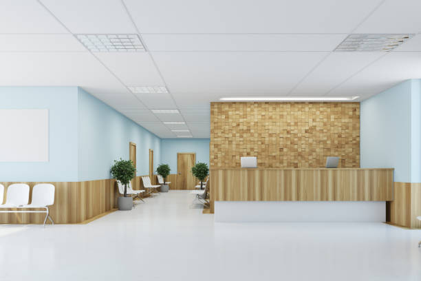 istock Blue and wooden reception desk 900569336