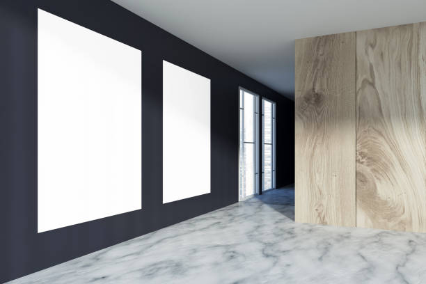 istock Black and wooden office hall, posters 900569742
