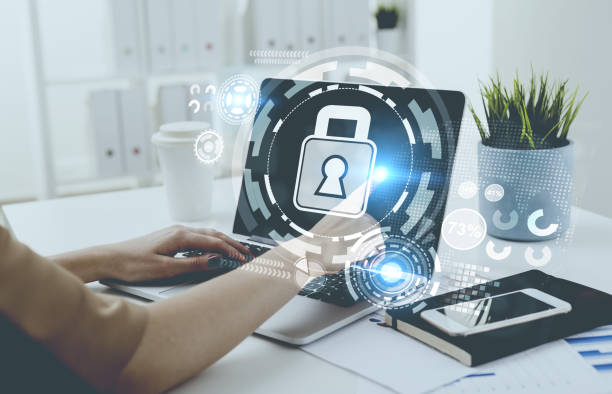 istock Businesswoman typing, laptop, digital security 900572134