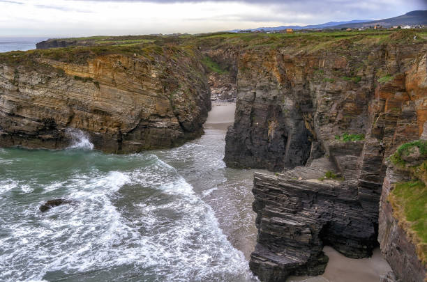 View of famous Cathedrals Beach, a natural landmark and tourist attraction in Galicia, Spain.