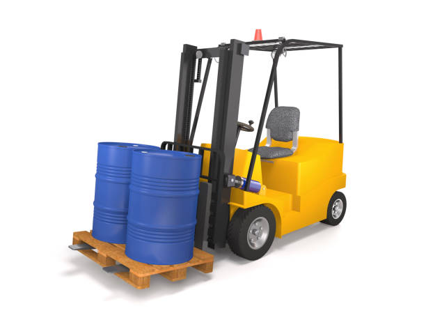 istock Forklift for  industrial warehouse with pallet and barrels (3d illustration). 900572342