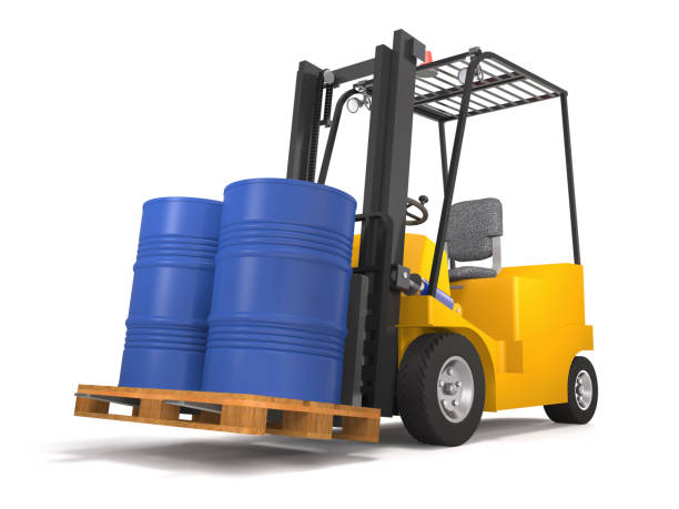 istock Forklift for industrial warehouse with  pallet and barrels (3d illustration). 900572360