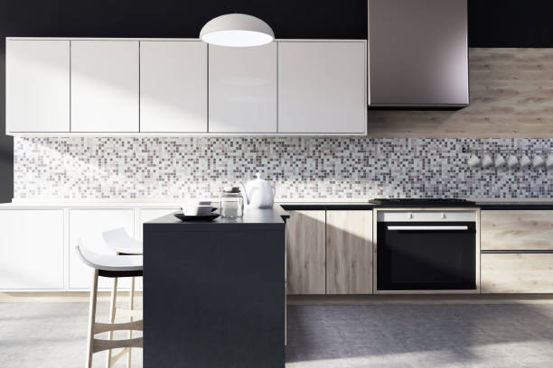istock Black mosaic kitchen interior, wood 900572386