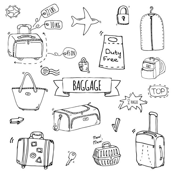 Baggage icons set Hand drawn doodle Baggage icons set. Vector illustration. Different types of baggage. Large and small suitcase, hand luggage, backpack, carrying animals, crate, handbag, tag. Sketch cartoon style. suitcase illustrations stock illustrations