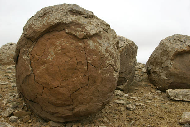 Round rocks in Ustyurt Plateau, Mangystau Region, the southwestern Kazakhstan. stock photo