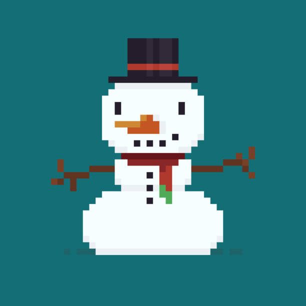 illustrazioni stock, clip art, cartoni animati e icone di tendenza di pupazzo di neve pixel art - vector frozen pixelated multi colored