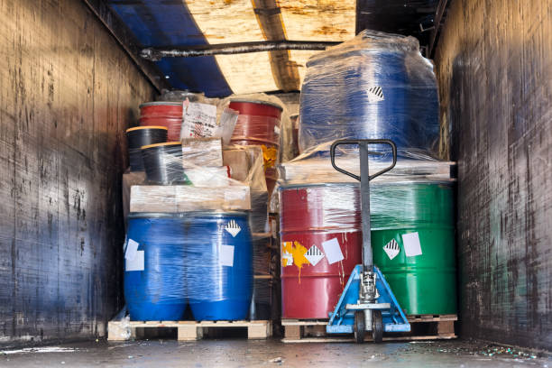 Construction - industry waste transport hazardous waste in barrels on truck ready for transport off constructione site drum container stock pictures, royalty-free photos & images