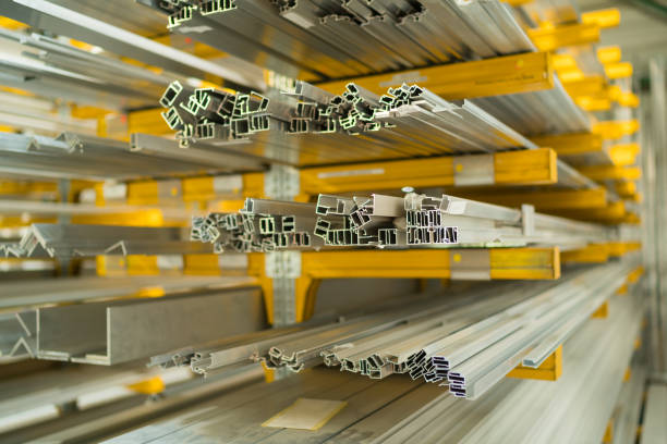 aluminium profiles storage in workshop warehouse with very shallow depth