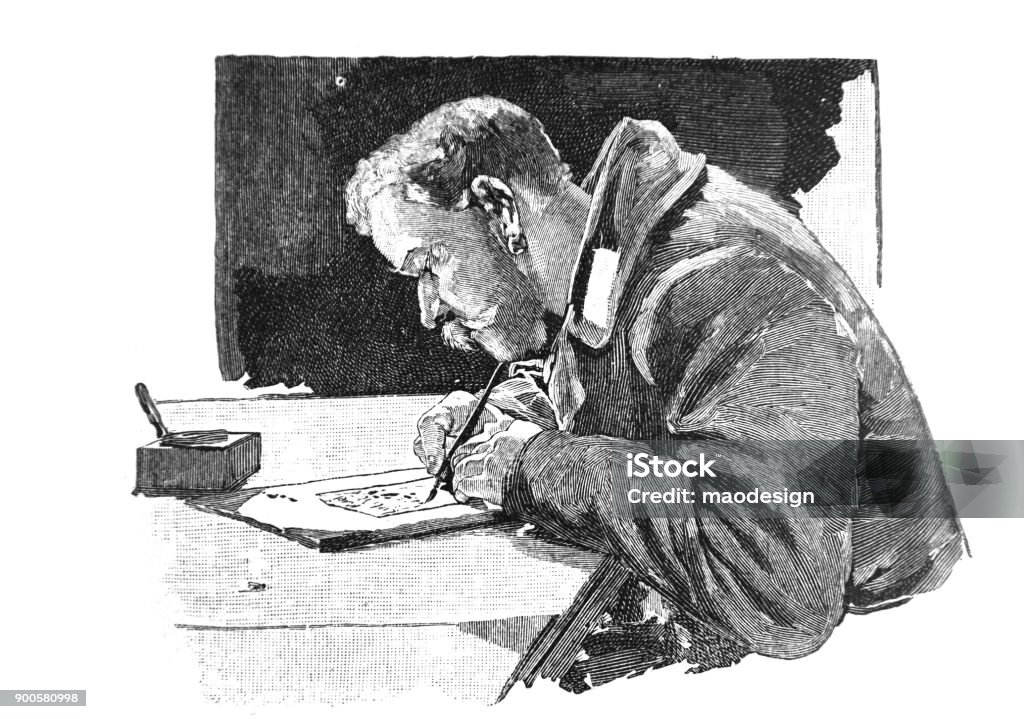 Man with uniform writes a letter - 1896 Writing - Activity stock illustration