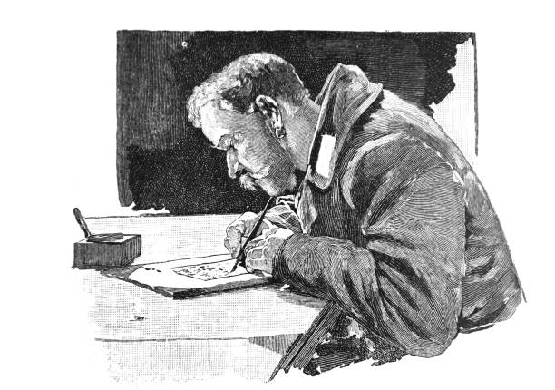 Man with uniform writes a letter - 1896 vector art illustration