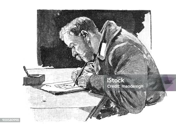 Man With Uniform Writes A Letter 1896 Stock Illustration - Download Image Now - Writing - Activity, Men, Letter - Document