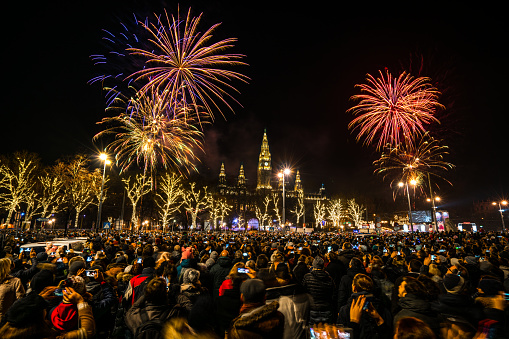 many people celebrating turn of the year with fireworks in Vienna