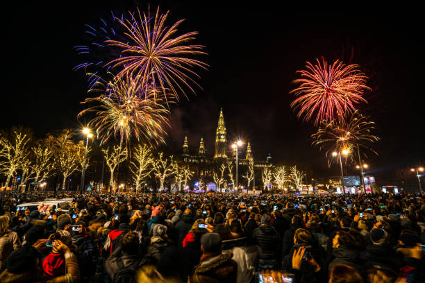 new year fireworks in Vienna many people celebrating turn of the year with fireworks in Vienna new year urban scene horizontal people stock pictures, royalty-free photos & images