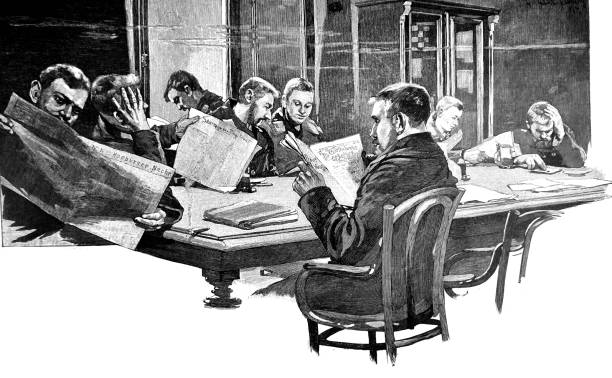 ilustrações de stock, clip art, desenhos animados e ícones de several men read newspapers in the library - 1896 - 1896
