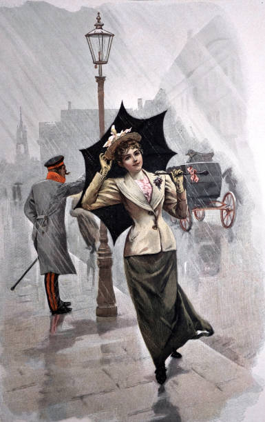 illustrazioni stock, clip art, cartoni animati e icone di tendenza di giovane donna cammina per strada con l'ombrello sotto la pioggia - 1896 - 1896