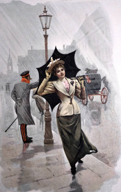 Young woman walks on the street with umbrella in the rain - 1896