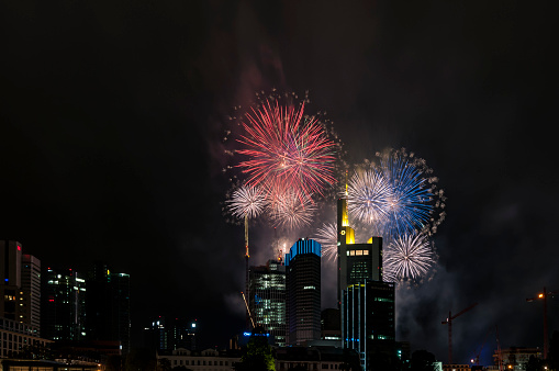 Frankfurt, Germany - 25. May 2013: Fireworks over the banks of Frankfurt