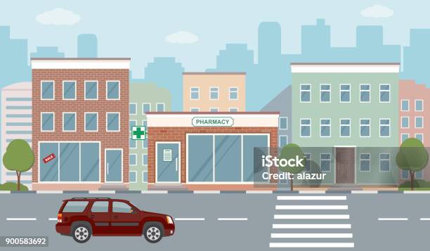 City Life Illustration With House Facades Road And Other Urban Details Stock Illustration - Download Image Now