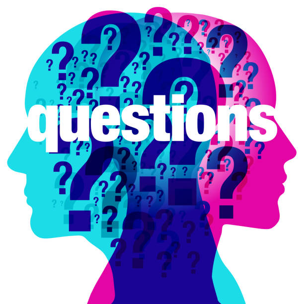 Questions A male and female side silhouette positioned back to back, overlaid with various sized semi-transparent question marks. Overlaid in white bold text across the horizontal centre of the illustration from edge to edge is the word “questions”. question mark head stock illustrations