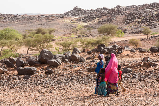 jonge vrouw in de woestijn dichtbij agadez niger - afrika afrika stockfoto's en -beelden