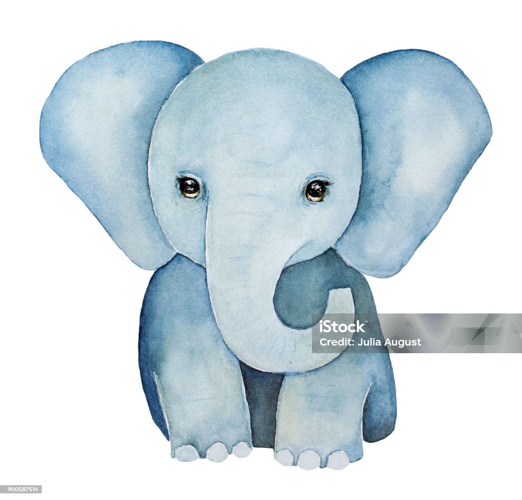 Cute little one, baby elephant painting. Huge ears, lovely eyes, grey blue colours, front view. Baby t-shirt print, childhood element. Hand drawn water color illustration, isolated, white background. Baby - Human Age stock illustration