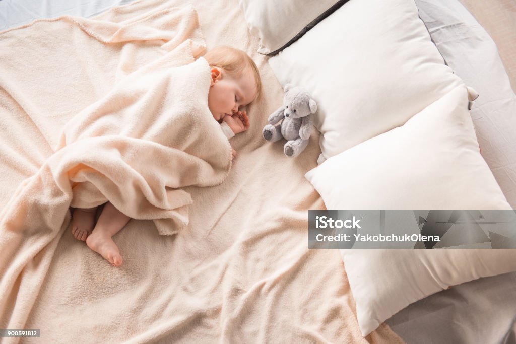 Sweet child dreaming with thumb in mouth Top view of plump newborn napping on comfortable couch and nursing her finger Baby - Human Age Stock Photo