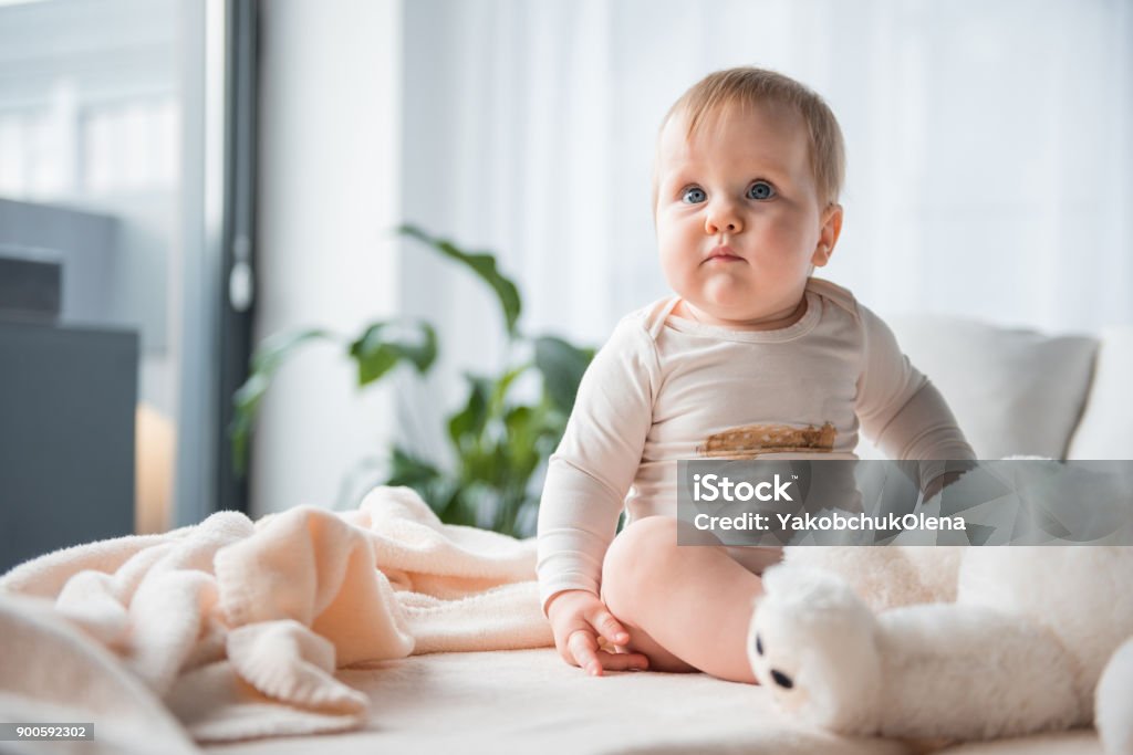 Calm child resting on bed Low angle portrait of plump baby sitting on bedding and playing with toy. Copy space in left side Voluptuous Stock Photo