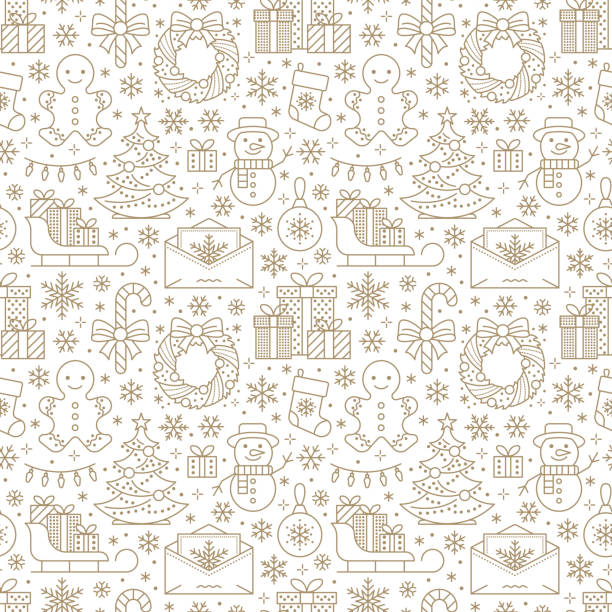 Christmas, new year seamless pattern, line illustration. Vector icons of winter holidays pine tree, gifts, letter to santa, presents, snowman. Celebration party white black repeated background Christmas, new year seamless pattern, line illustration. Vector icons of winter holidays pine tree, gifts, letter to santa, presents, snowman. Celebration party white black repeated background. christmas cookies pattern stock illustrations