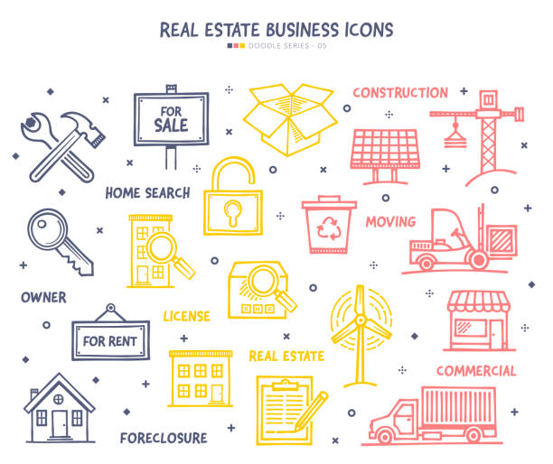 Real Estate Business Icon Set Set of doodle vector illustrations of real estate business. apartment rental infographic stock illustrations