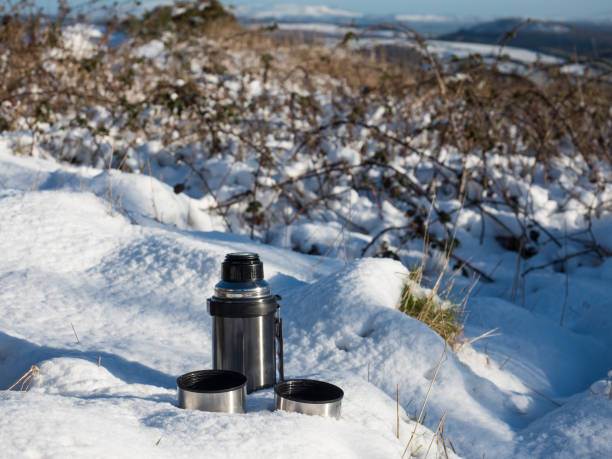 istock Tea Flask with Two Cups in the Snow 900595866