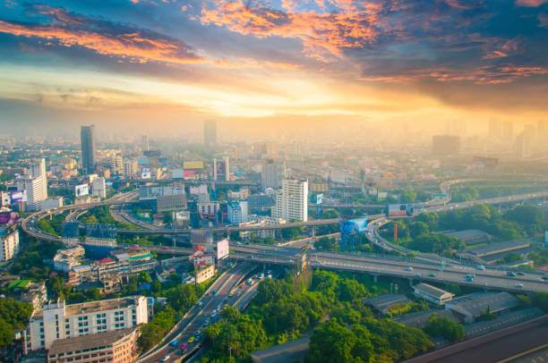 istock Panoramic view Cityscape business district from aerial view high building at dusk (Bangkok, Thailand) 900596646