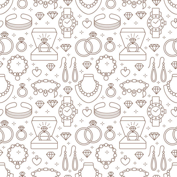 Jewelry seamless pattern, line illustration. Vector flat icons of jewels accessories - gold engagement rings, diamond, pearl necklaces, charms, watches. Fashion store repeated background Jewelry seamless pattern, line illustration. Vector flat icons of jewels accessories - gold engagement rings, diamond, pearl necklaces, charms, watches. Fashion store repeated background. drop earring stock illustrations