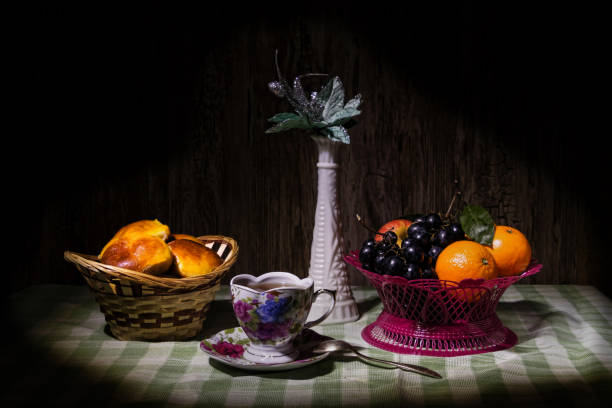still life with fruit and scones with tea