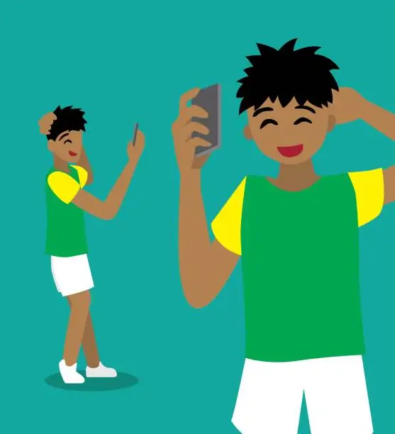 Vector illustration of People with Gadget Set, Black Boy Selfie Cartoon Vector Illustration